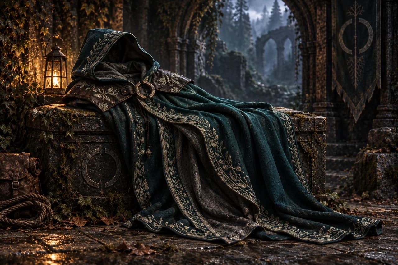 A rugged midnight teal explorer’s cloak draped across ancient stone beside a glowing lantern