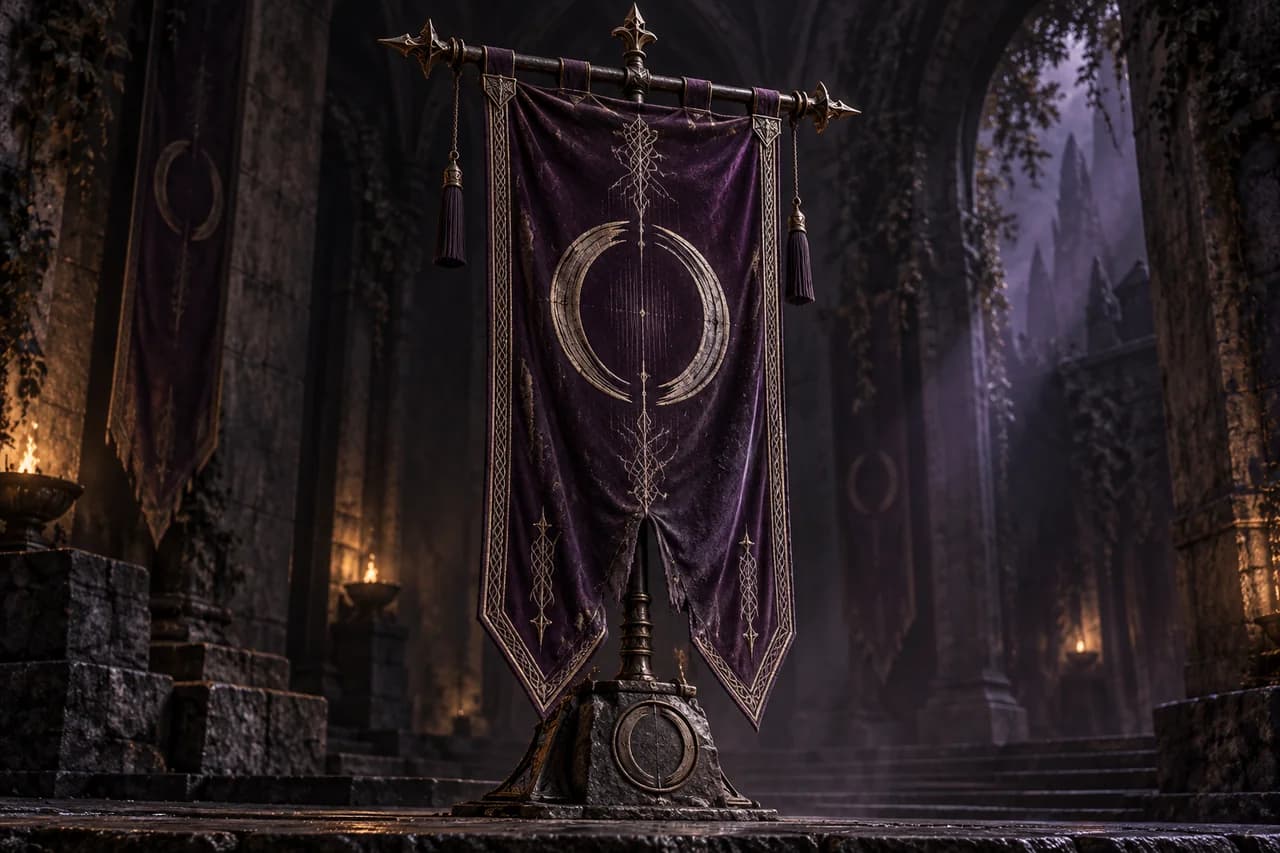 A midnight plum guild banner embroidered with a broken ring emblem on a forged iron standard