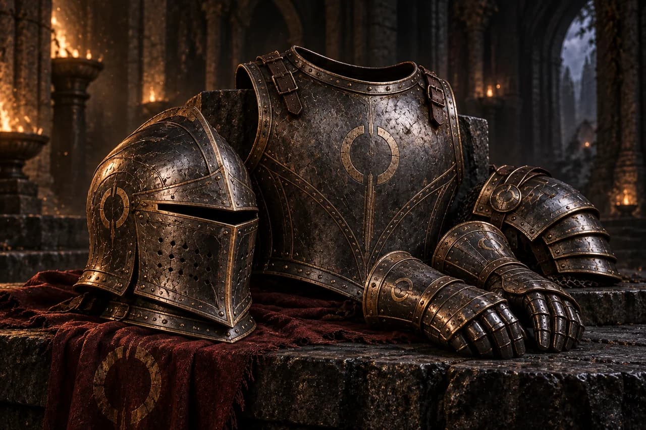 A dark steel greathelm, breastplate, and articulated gauntlets arranged on an oxblood cloth in a stone armory