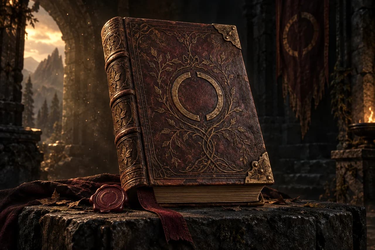 An embossed leather founder chronicle with bronze fittings and a wax seal, lit in warm amber